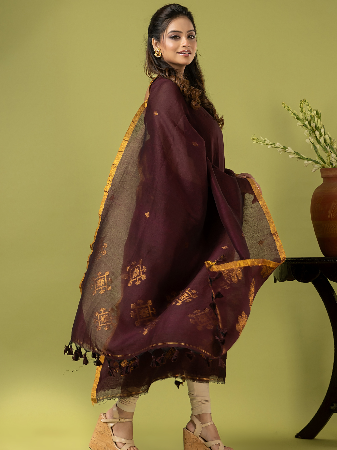 Handwoven Jamdani Linen Unstitched 2-piece Kurti | Plum Brown
