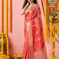 Classic Benarasi Semi Silk Saree | Coral Red