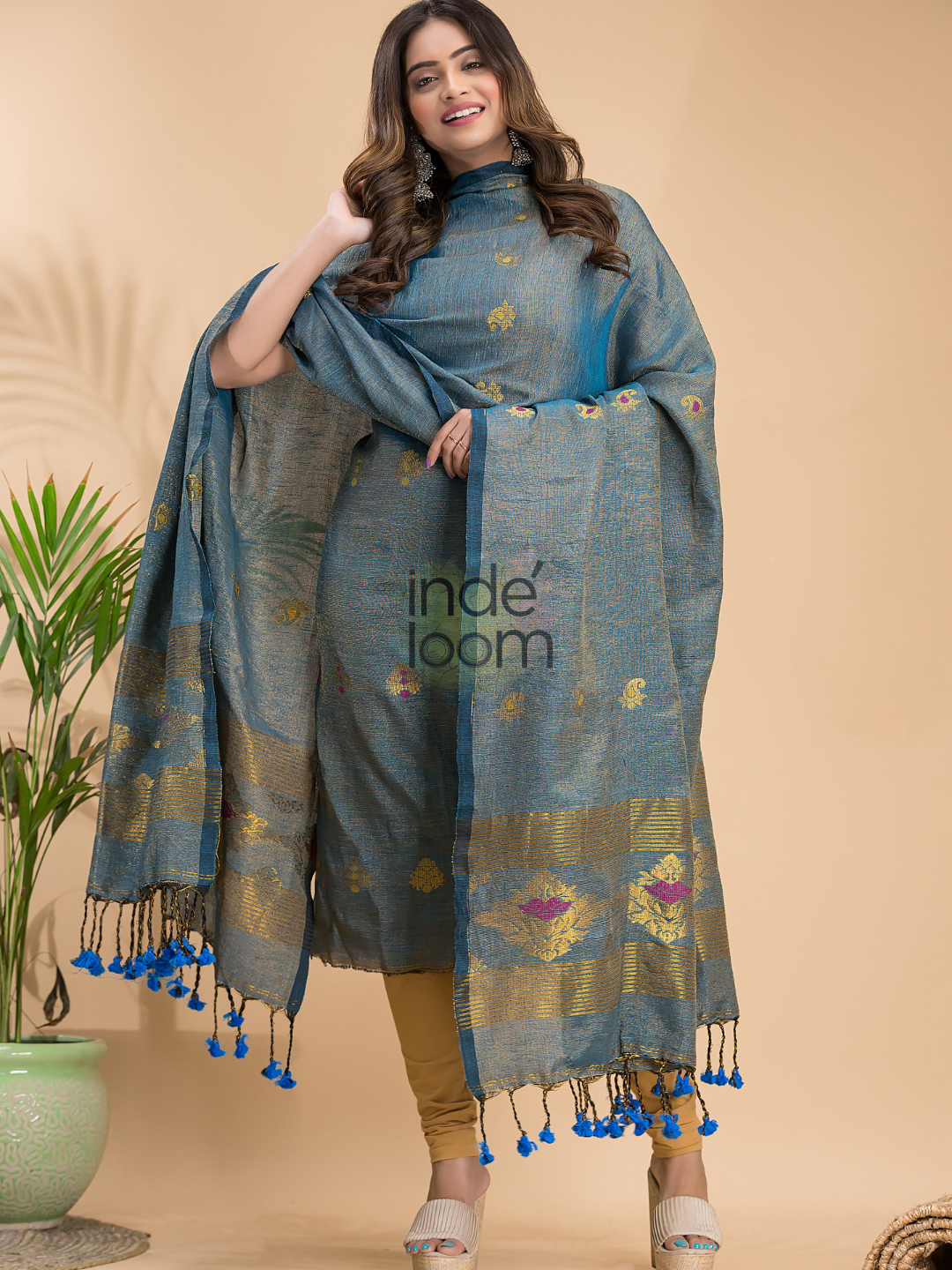 Steel Blue Tissue Linen 2-Piece Set Kurti & Dupatta (UNSTITCHED) - 041