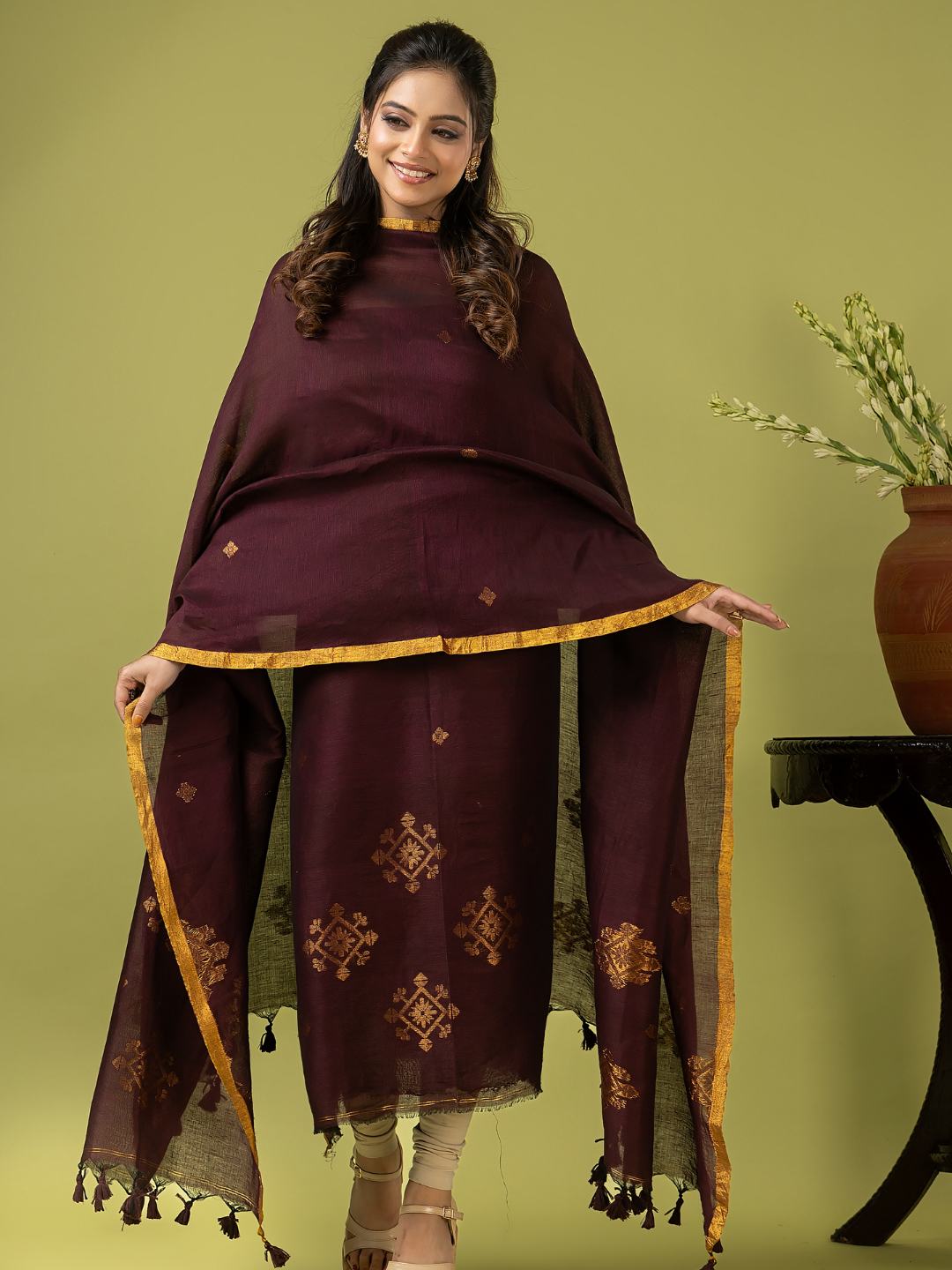 Handwoven Jamdani Linen Unstitched 2-piece Kurti | Plum Brown