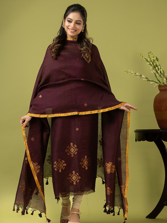 Handwoven Jamdani Linen Unstitched 2-piece Kurti | Plum Brown
