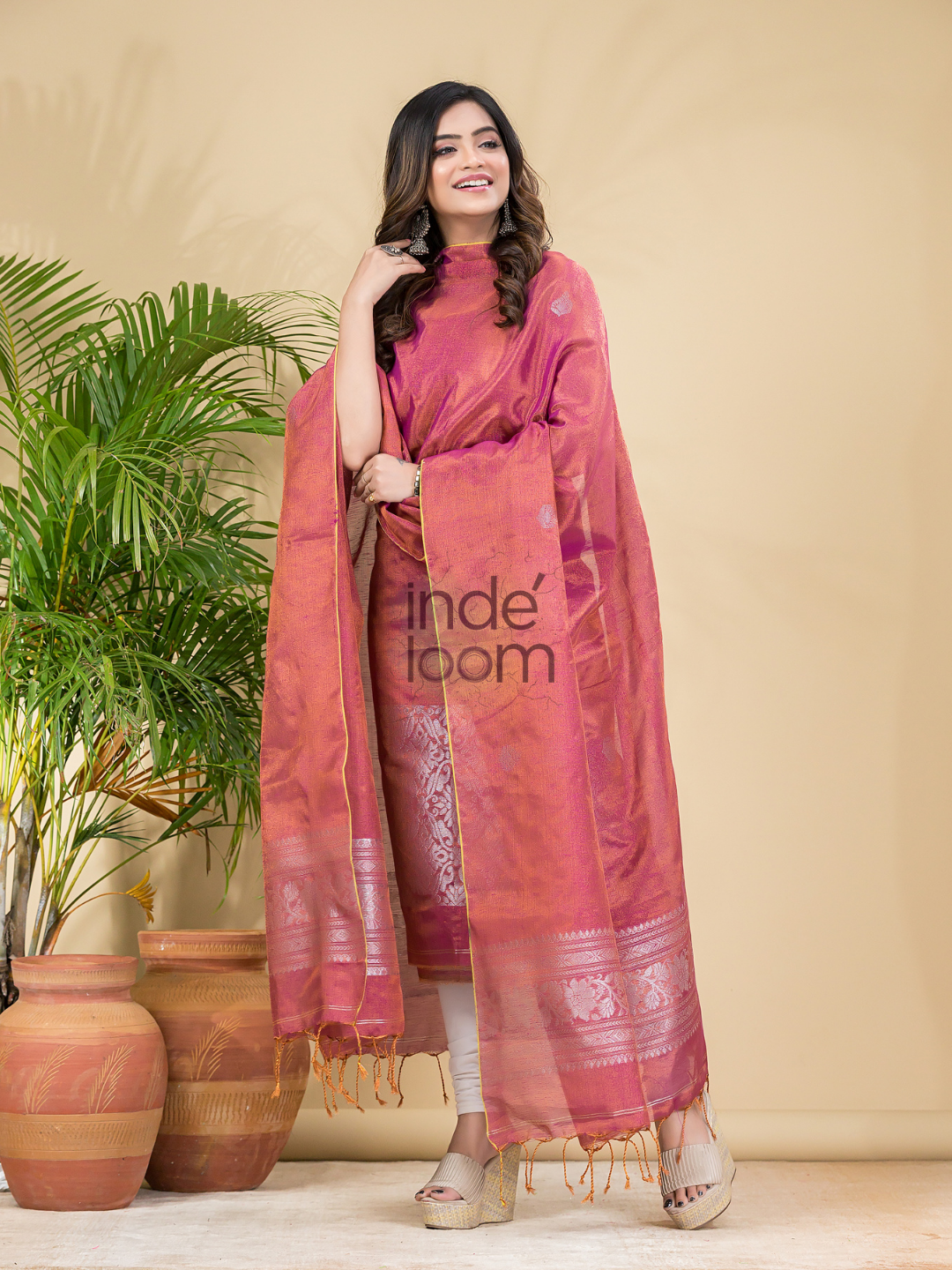 Pastel red Tissue Linen Silver Zari Jamdani 2-Piece Set Kurti & Dupatta (UNSTITCHED) - 884