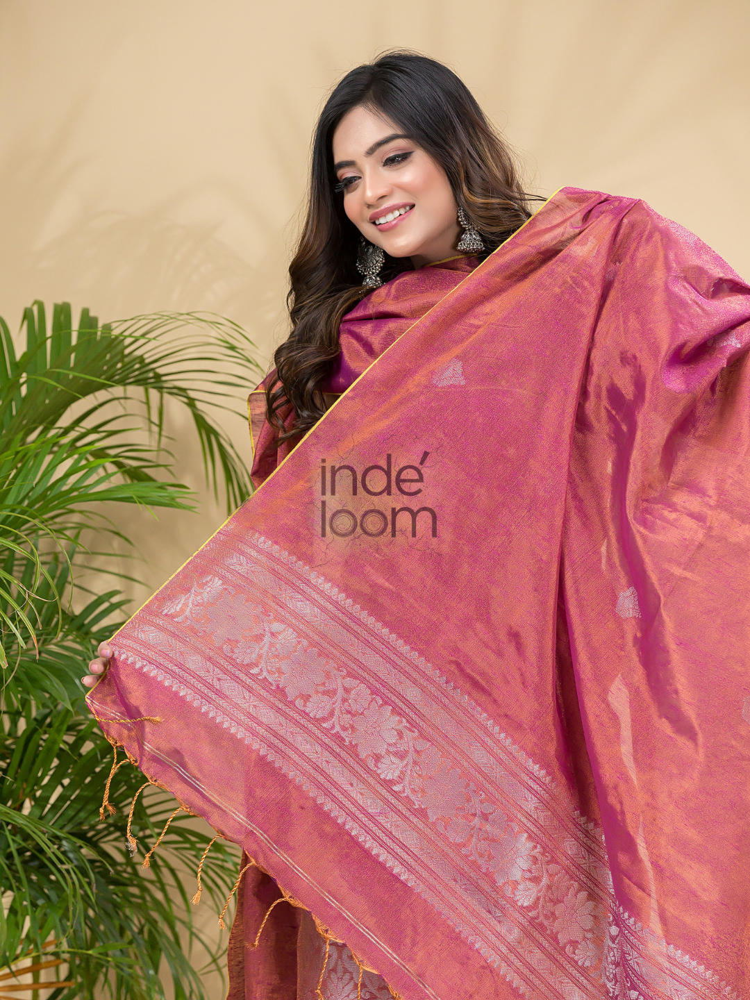 Pastel red Tissue Linen Silver Zari Jamdani 2-Piece Set Kurti & Dupatta (UNSTITCHED) - 884