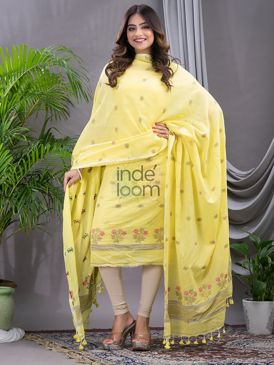 Lemon Yellow 120 Count Cotton Jamdani 2-Piece Set Kurti & Dupatta (UNSTITCHED) - 141