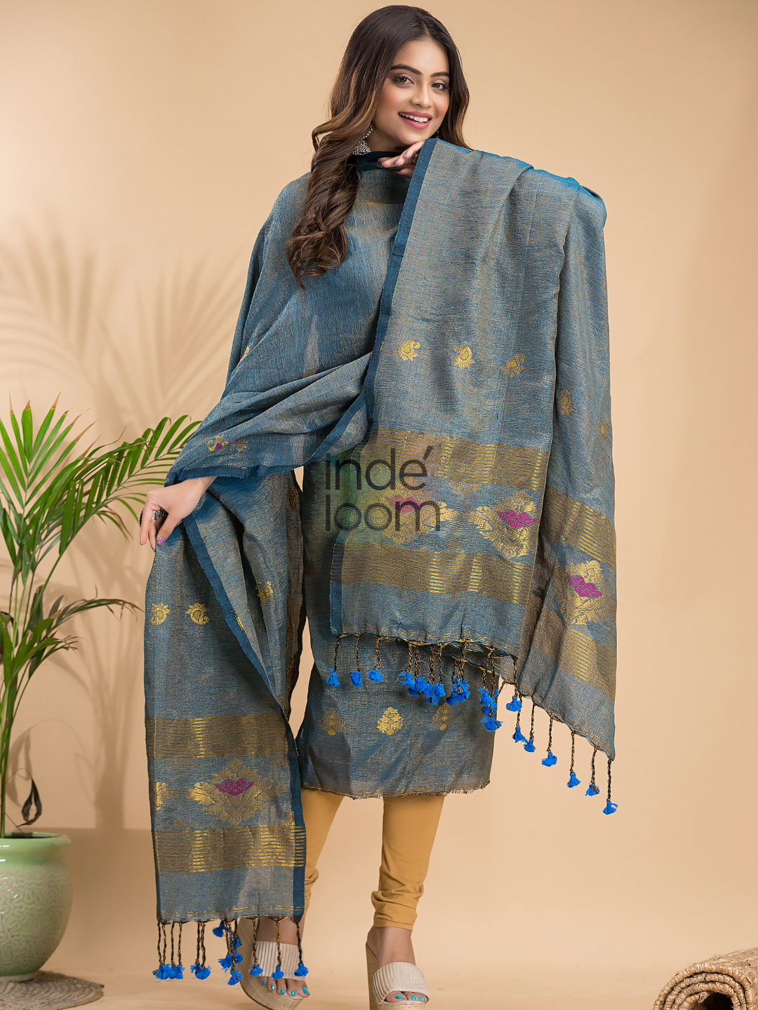 Steel Blue Tissue Linen 2-Piece Set Kurti & Dupatta (UNSTITCHED) - 041