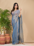 Tissue Linen Handloom Saree With Pigeon Blue - 020