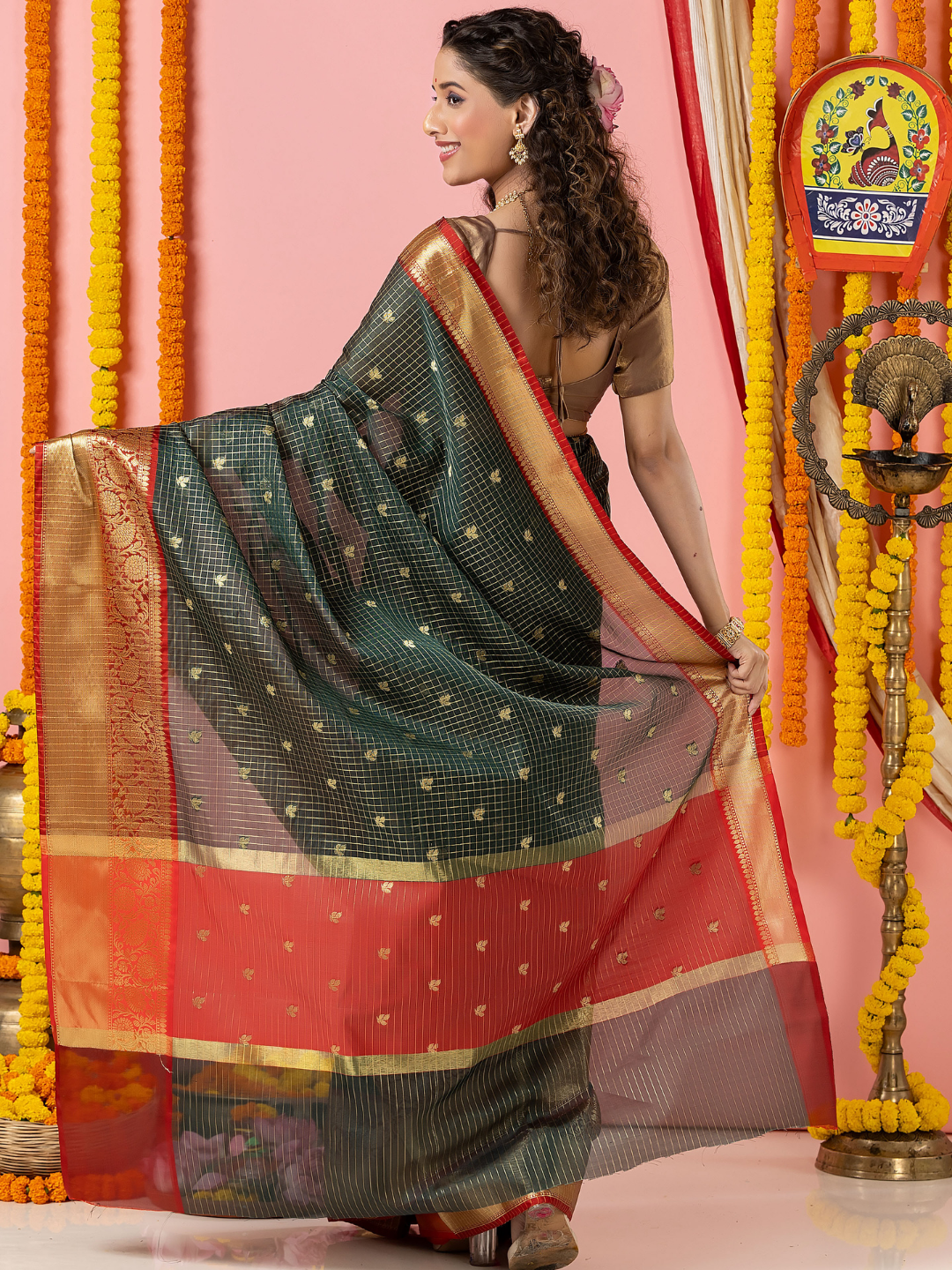 Classic Benarasi Katan Semi Silk Saree | Charcoal Green