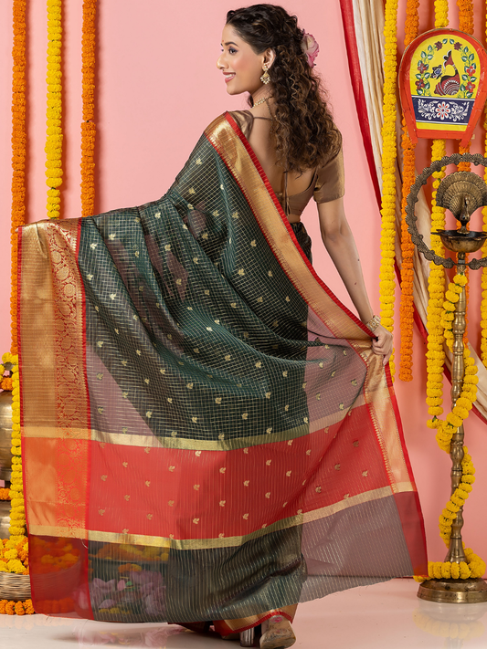 Classic Benarasi Katan Semi Silk Saree | Charcoal Green