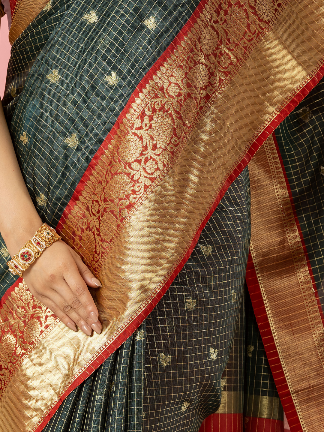 Classic Benarasi Katan Semi Silk Saree | Charcoal Green