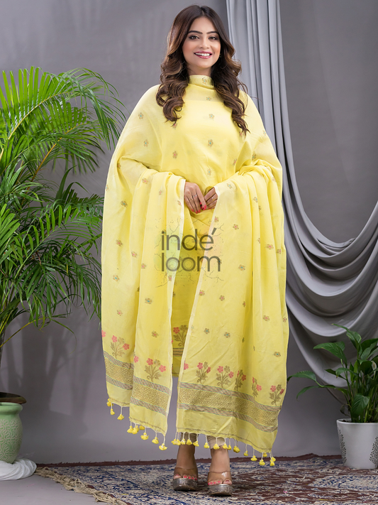 Lemon Yellow 120 Count Cotton Jamdani 2-Piece Set Kurti & Dupatta (UNSTITCHED) - 141