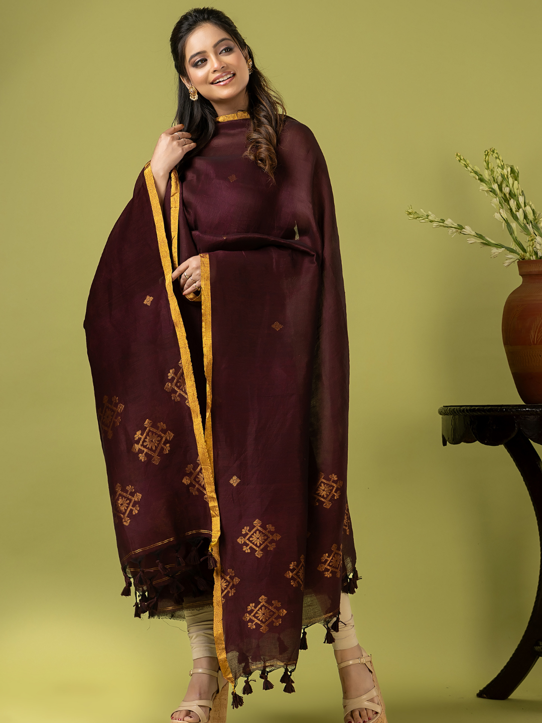 Handwoven Jamdani Linen Unstitched 2-piece Kurti | Plum Brown