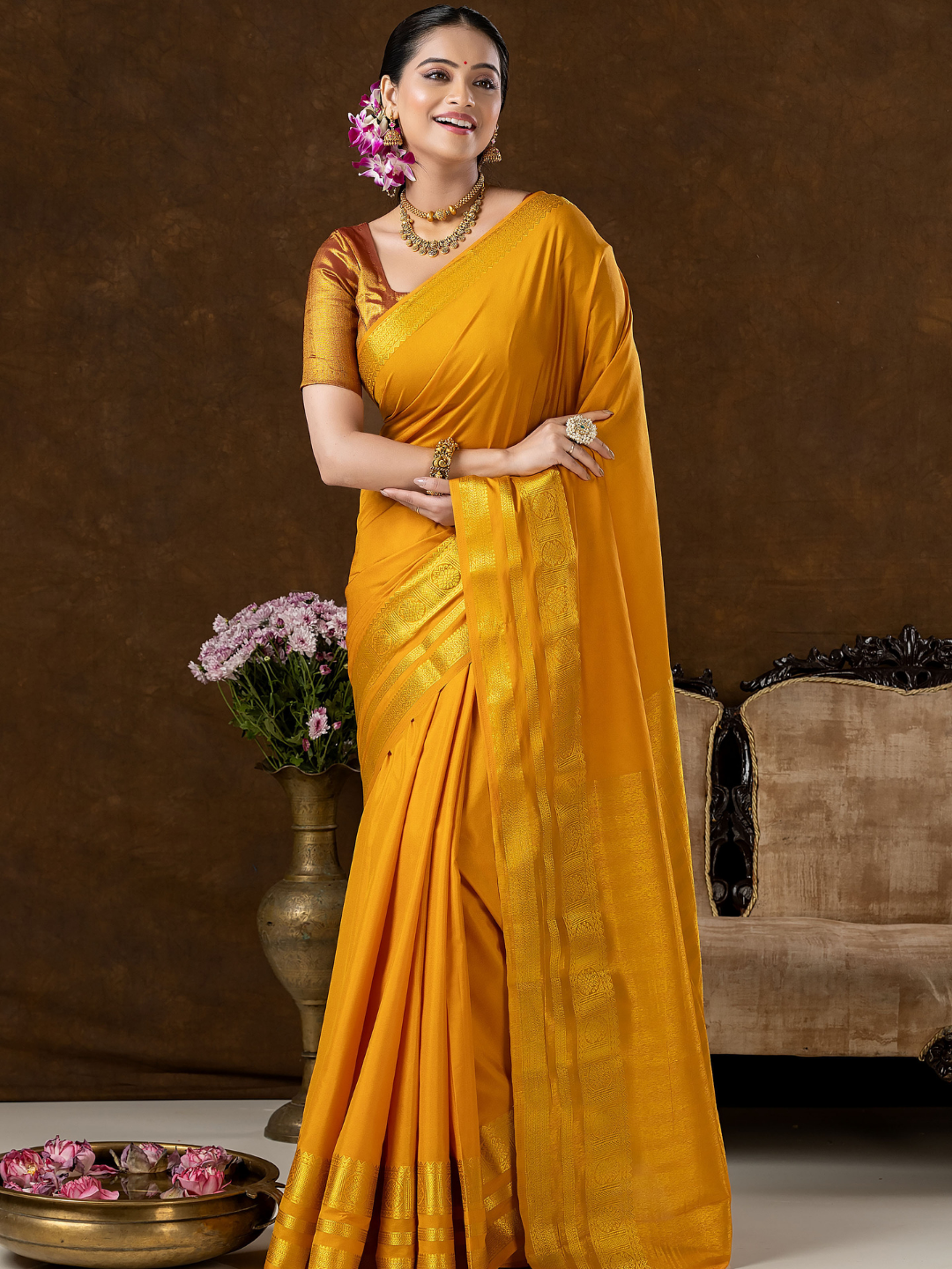 Classic Mysore Semi Silk Saree | Mustard Gold