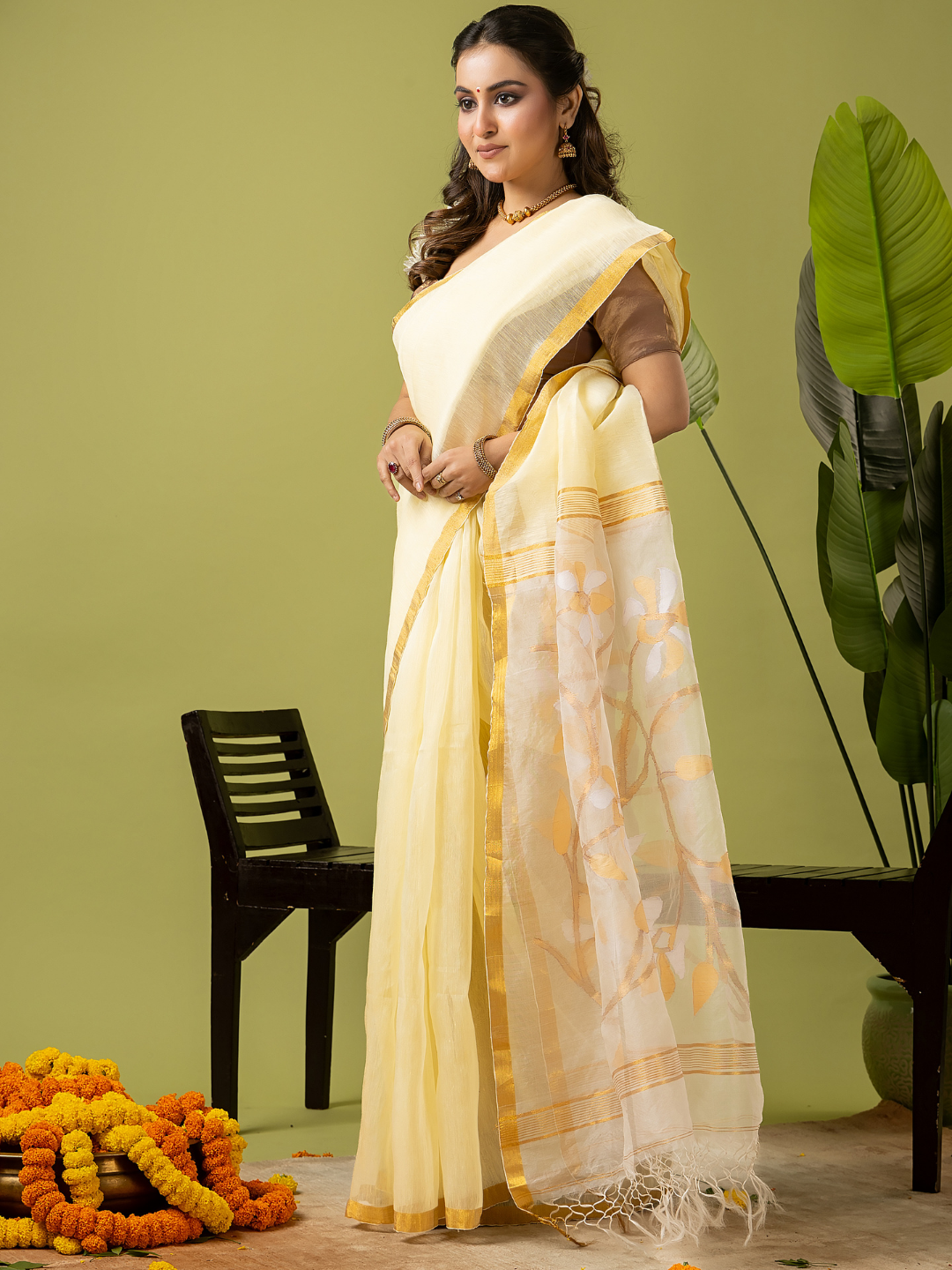 Pure Jamdani Linen Saree | Light Yellow  and Yelllow  | Half and Half style with Contrast Border