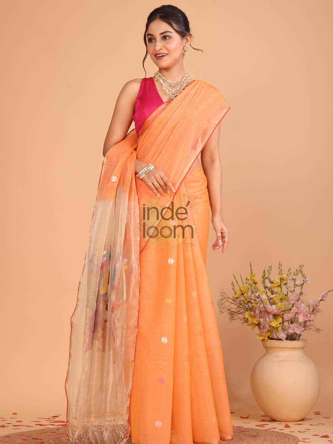 Muslin Tissue Jamdani Saree With Coral Orange - 106