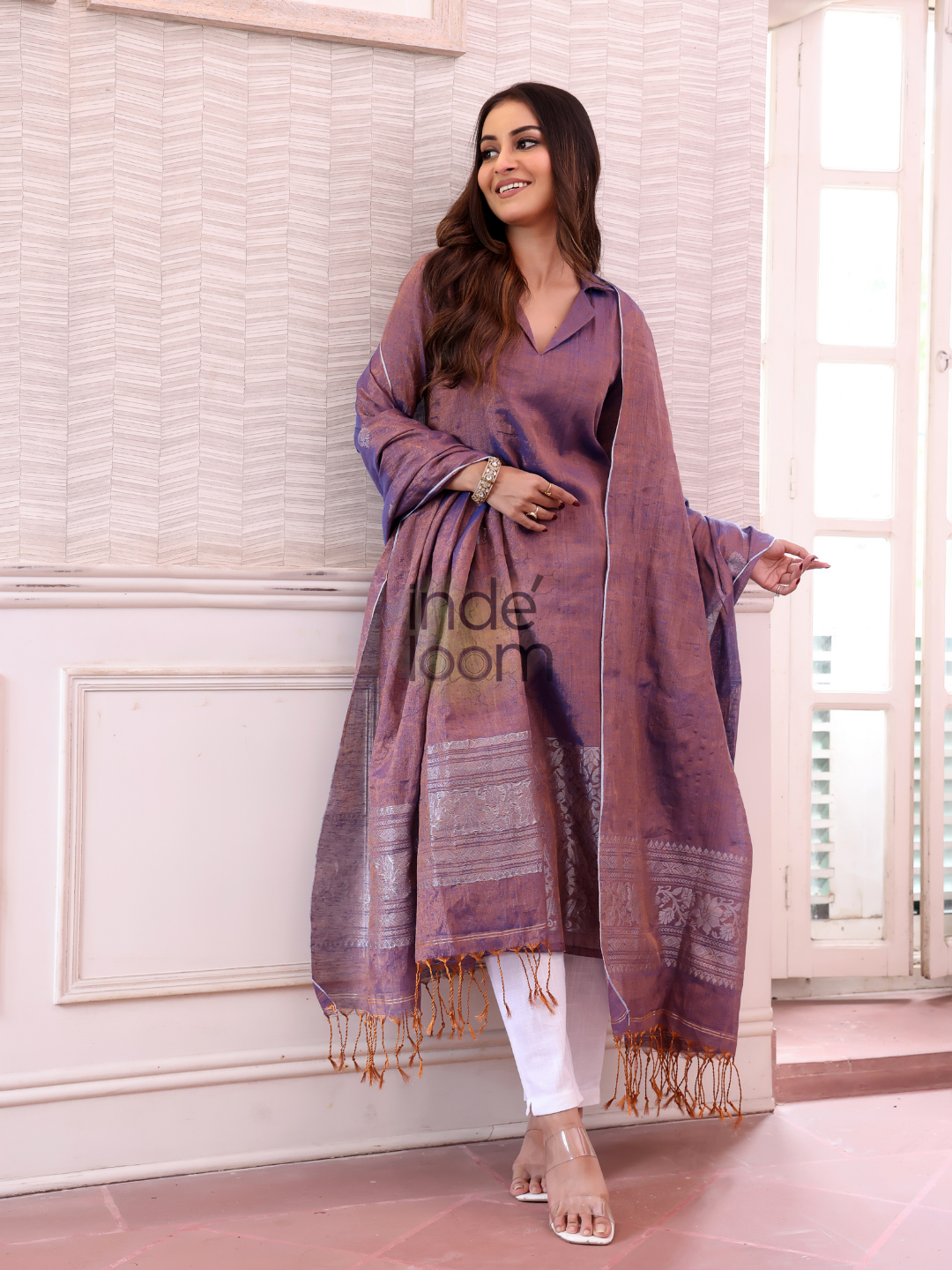 Lavender Purple Tissue Linen Silver Zari Jamdani 2-Piece Set Kurti & Dupatta (UNSTITCHED) - 305