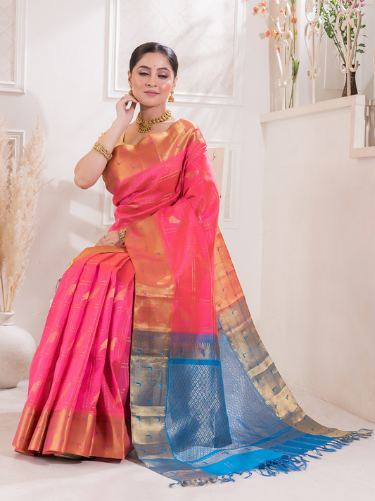 Pure Handloom Korvai Silk Cotton Saree in With Deep Pink - 503