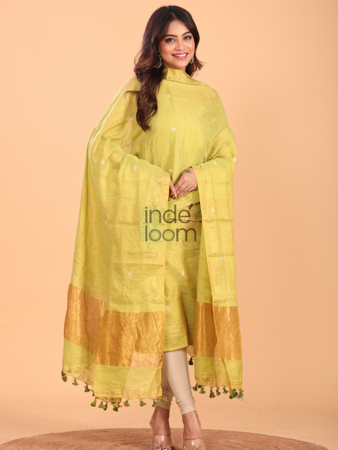 Neon Yellow Tissue Linen Jamdani 2-Piece Set Kurti & Dupatta (UNSTITCHED) - 055