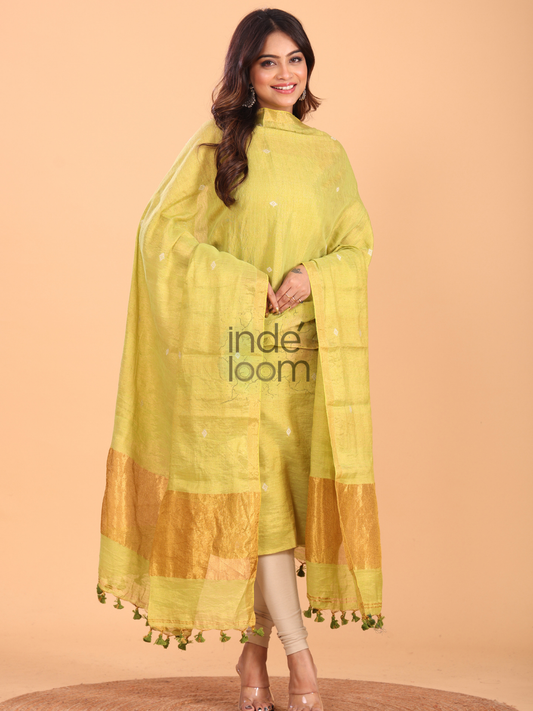 Neon Yellow Tissue Linen Jamdani 2-Piece Set Kurti & Dupatta (UNSTITCHED) - 055