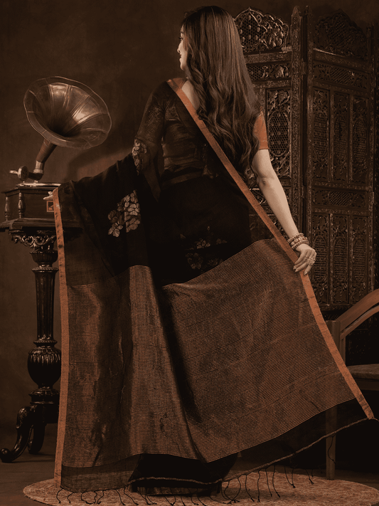 Coal Black Jamdani Saree - 008 - indeloom
