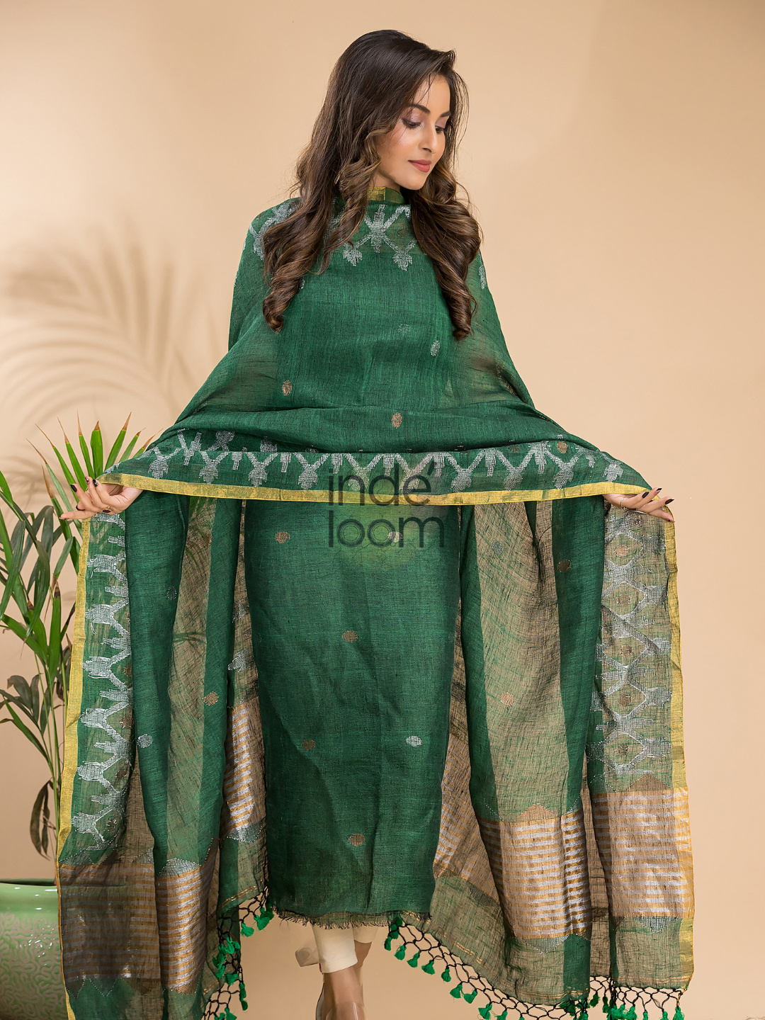 Pine Green Linen X Line 2-Piece Set Kurti & Dupatta (UNSTITCHED) - 004
