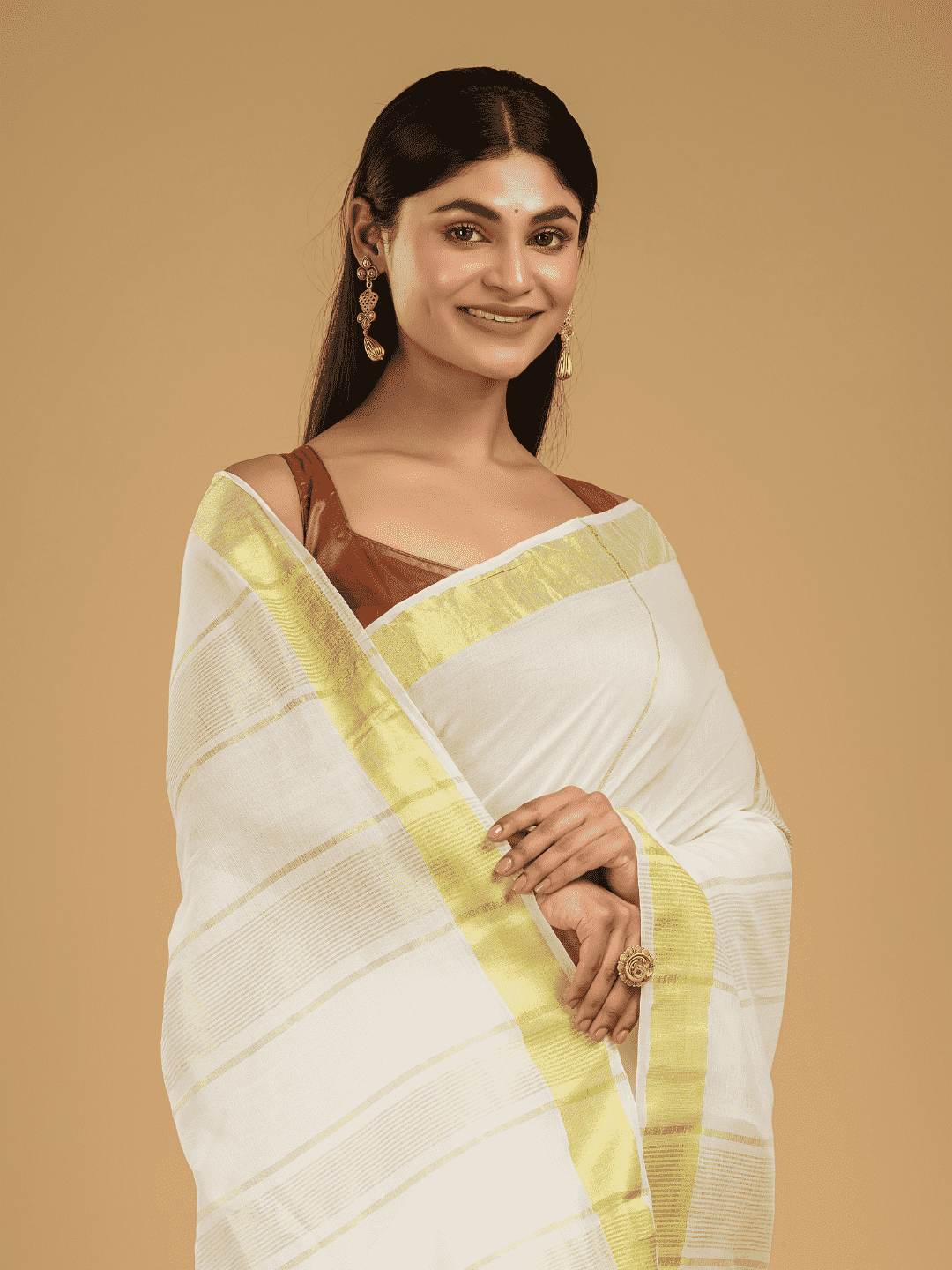 Linen Cotton Saree With Snow White and Yellow Border - 047 - indeloom