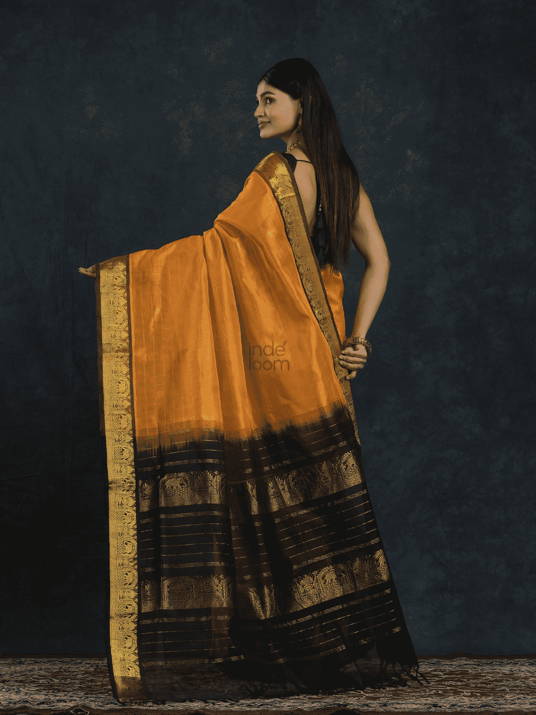 Pure Handloom Korvai Saree in Golden Yellow & Black Border In Zari Checks- 139