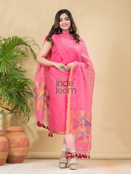 Handwoven Jamdani Muslin Unstitched 2-piece Kurti  |  Rose Pink