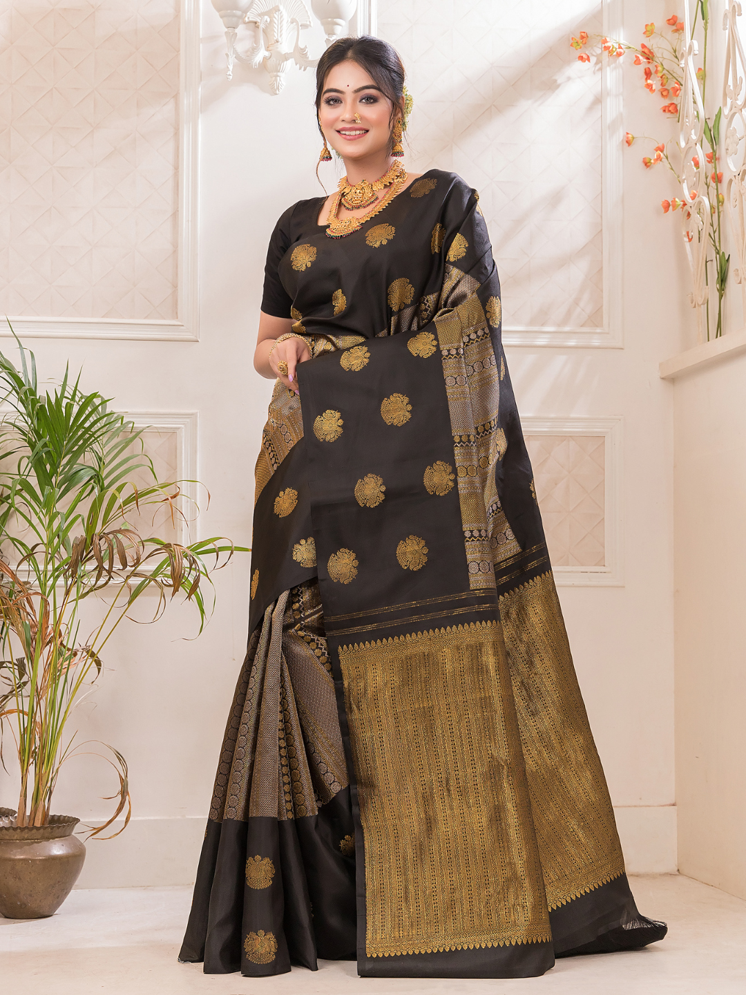 Megh Vaarna - Coal Black silk with gaja and floral border