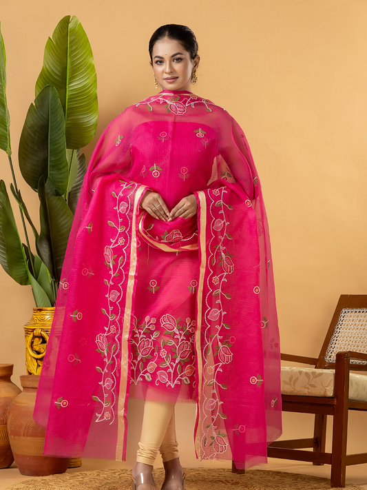 Classic Kota Doria Cotton Unstitched 2-Piece Kurti | Fuchsia