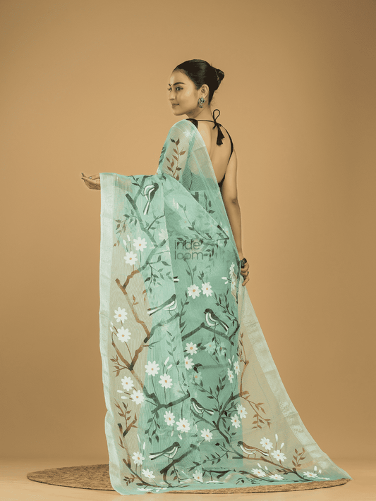 Kota Doria Handpainted Saree With Teal Green - 004 - indeloom