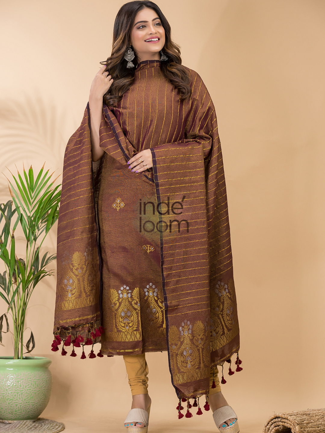 Chocolate Brown Organic Linen 2-Piece Set Kurti & Dupatta (UNSTITCHED) - 076