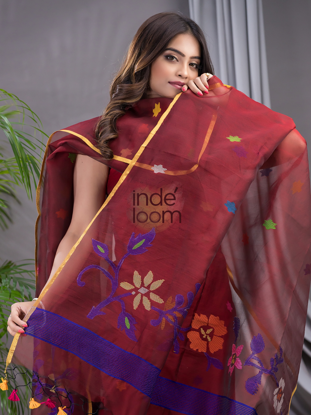 Cherry Red Cotton Silk Jamdani 2-Piece Set Kurti & Dupatta (UNSTITCHED) - 105
