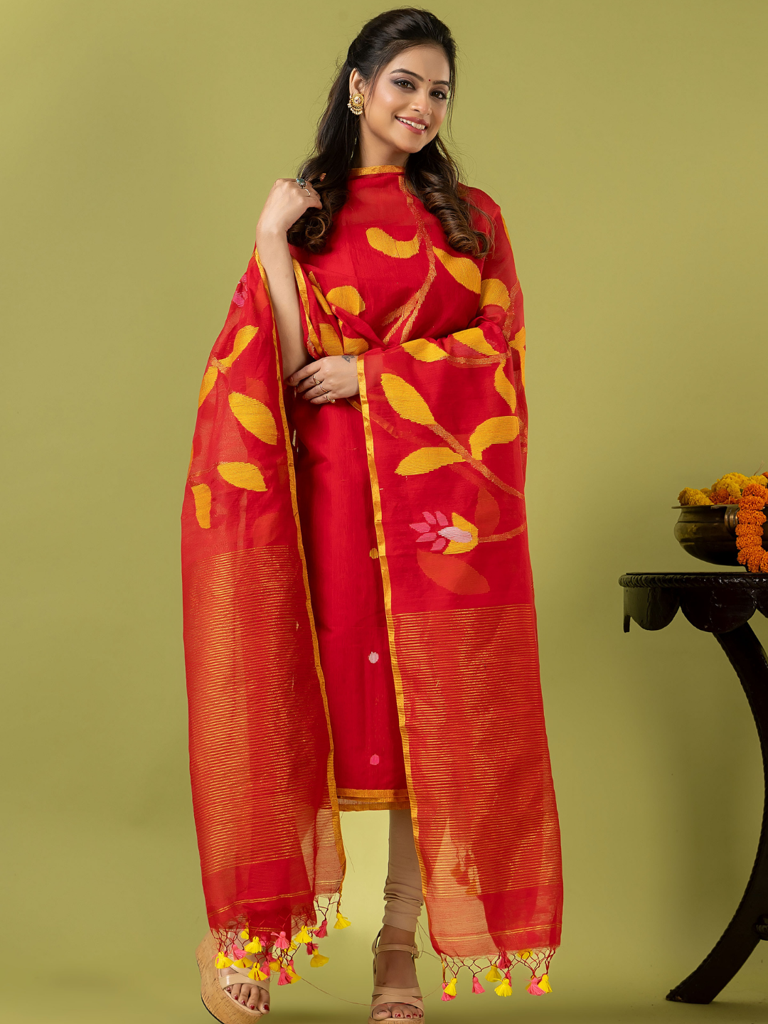 Handwoven Jamdani Silk Cotton Unstitched 2-piece Kurti | Vermilion Red