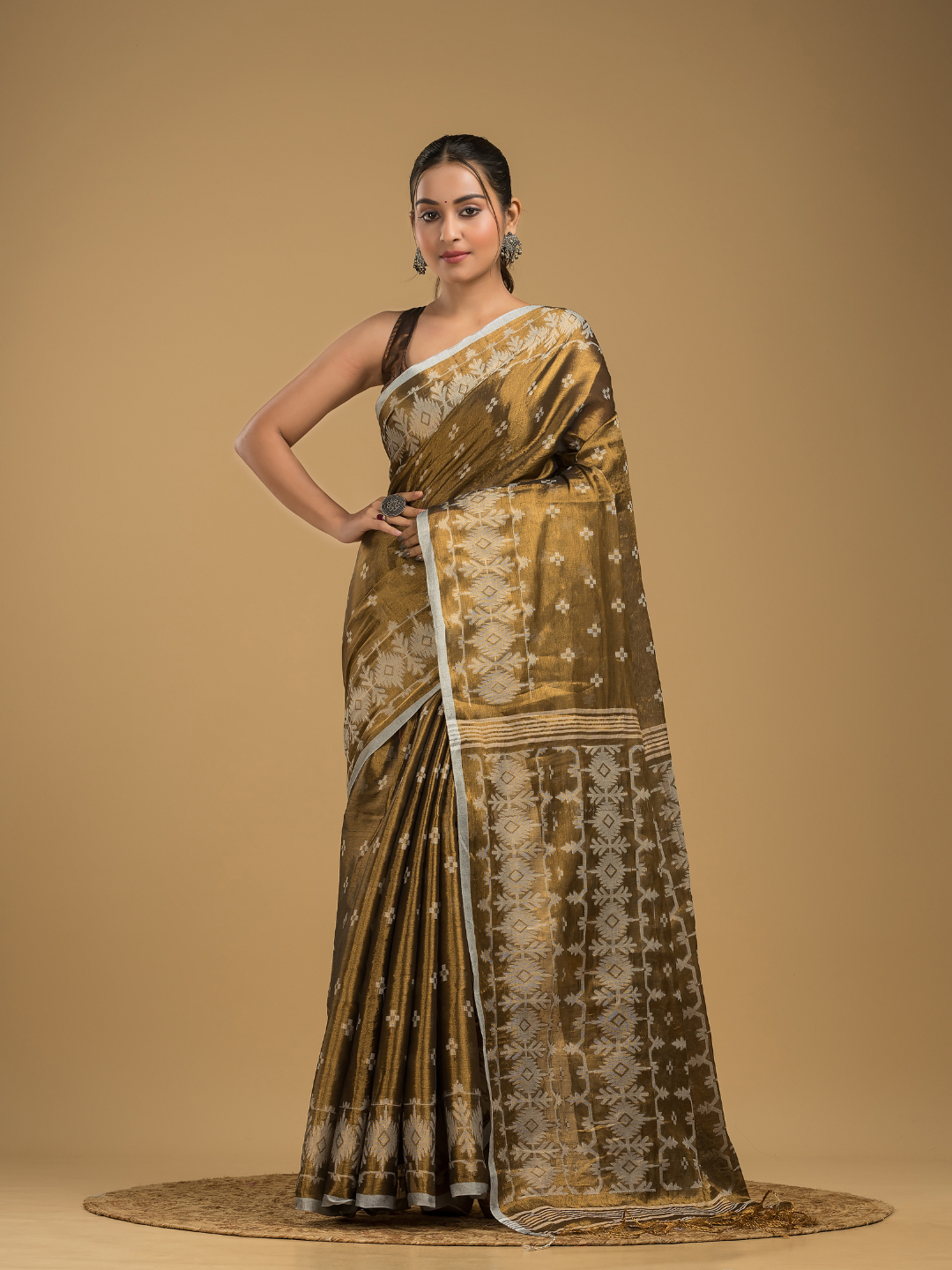 Tissue Silk Jamdani Saree Dark Green -045