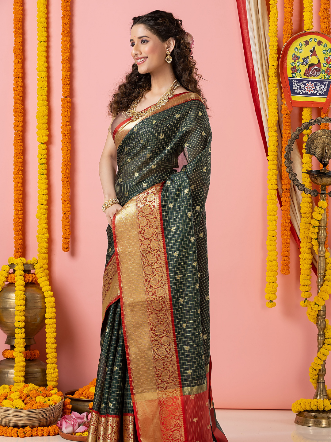 Classic Benarasi Katan Semi Silk Saree | Charcoal Green