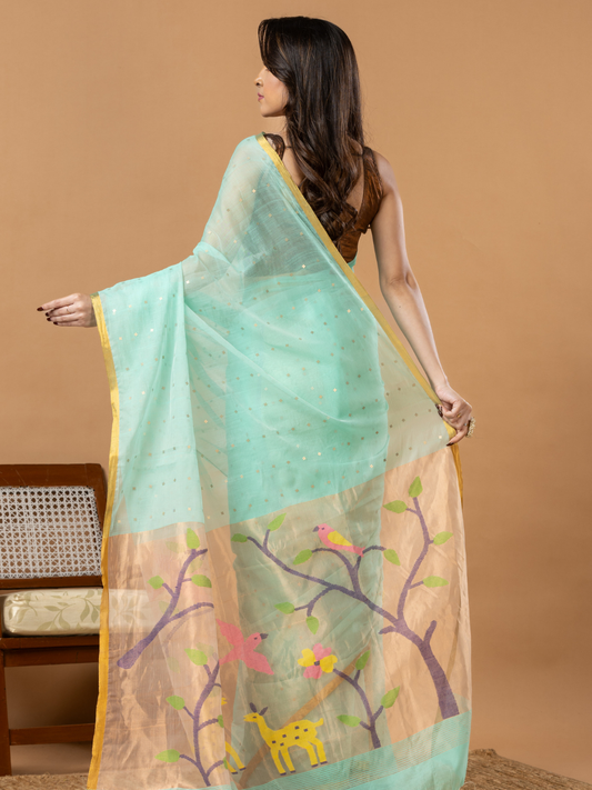Handwoven Jamdani Muslin Saree | Aqua Mint