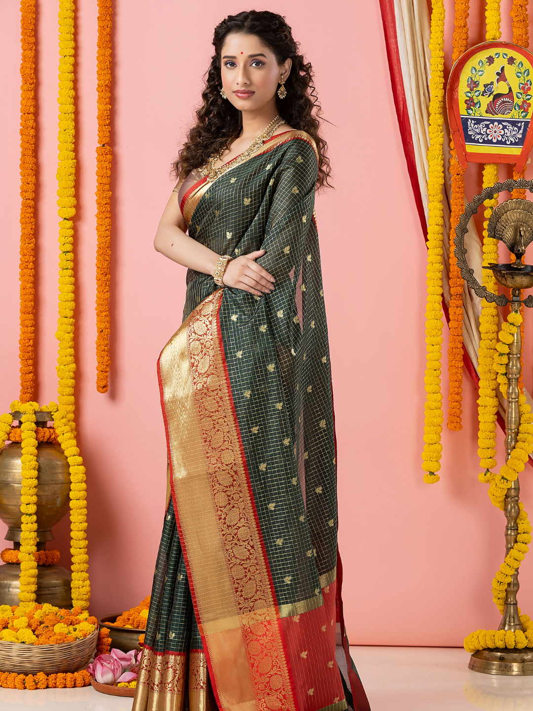 Classic Benarasi Katan Semi Silk Saree | Charcoal Green
