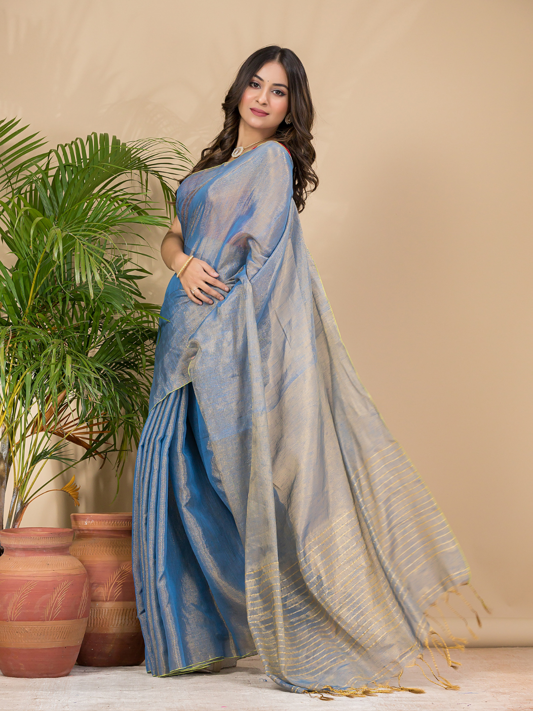Tissue Linen Handloom Saree With Pigeon Blue - 020