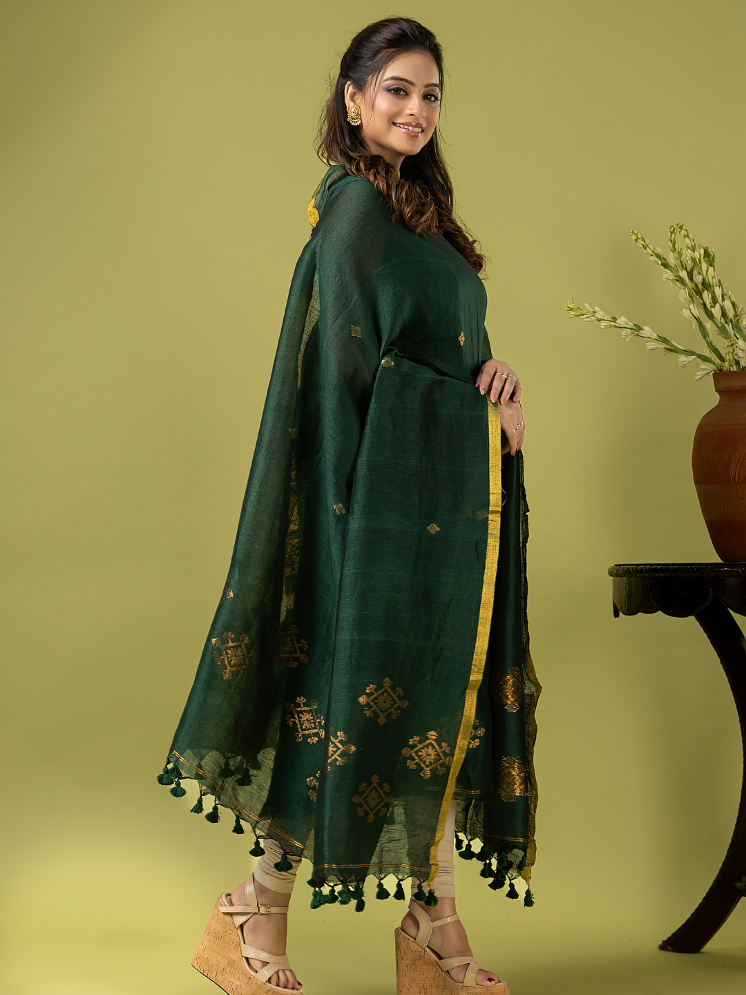 Handwoven Jamdani Linen Unstitched 2-piece Kurti | Bottle Green