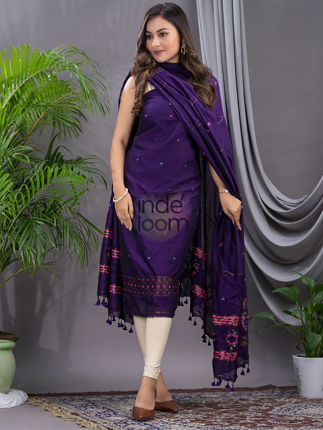 Royal Purple 120 Count Cotton Jamdani 2-Piece Set Kurti & Dupatta (UNSTITCHED) - 142