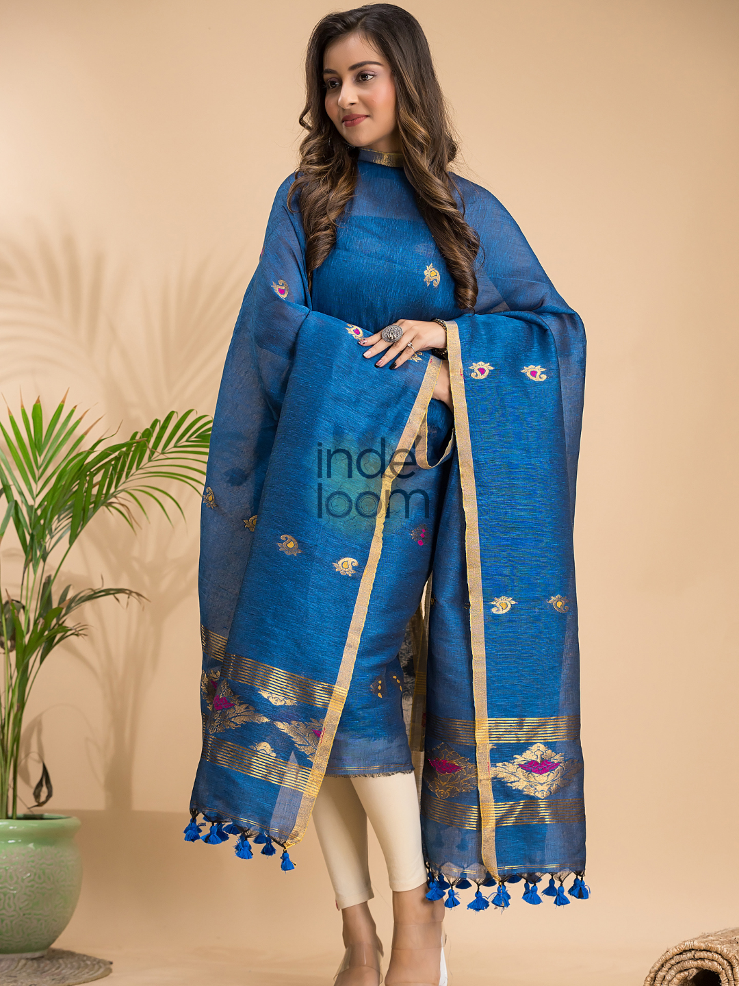 Indigo Blue Tissue Linen 2-Piece Set Kurti & Dupatta (UNSTITCHED) - 042