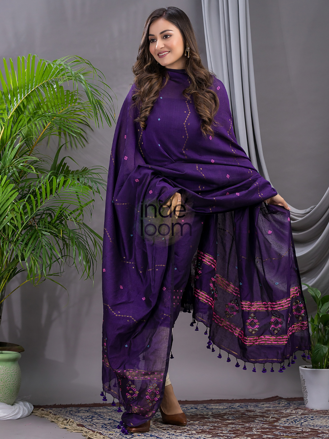 Royal Purple 120 Count Cotton Jamdani 2-Piece Set Kurti & Dupatta (UNSTITCHED) - 142