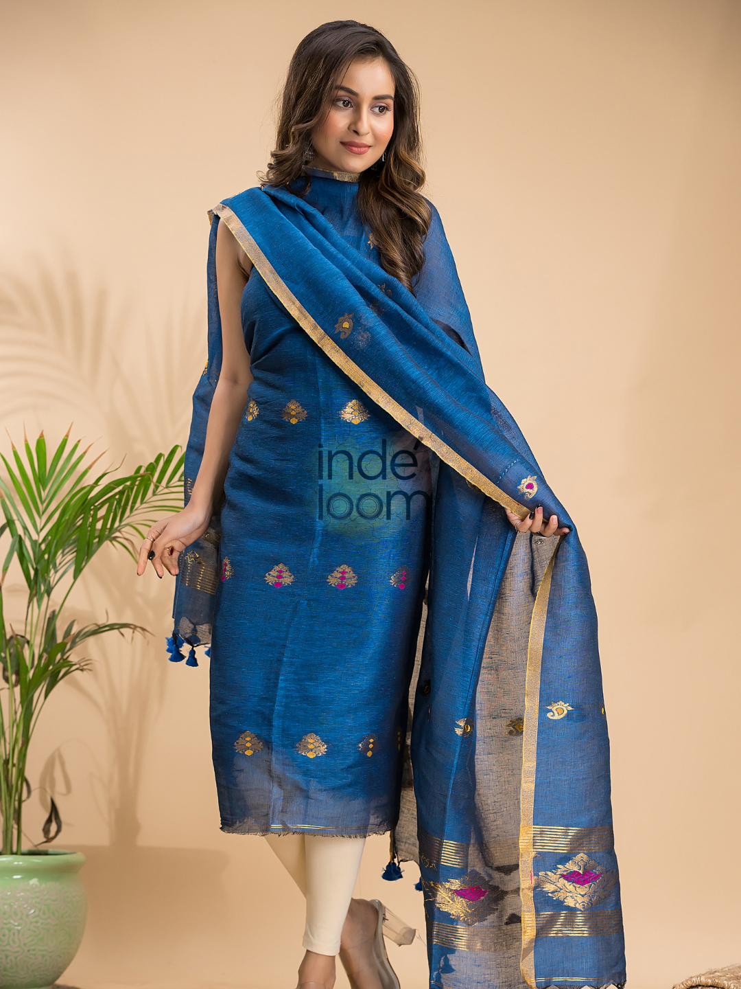 Indigo Blue Tissue Linen 2-Piece Set Kurti & Dupatta (UNSTITCHED) - 042