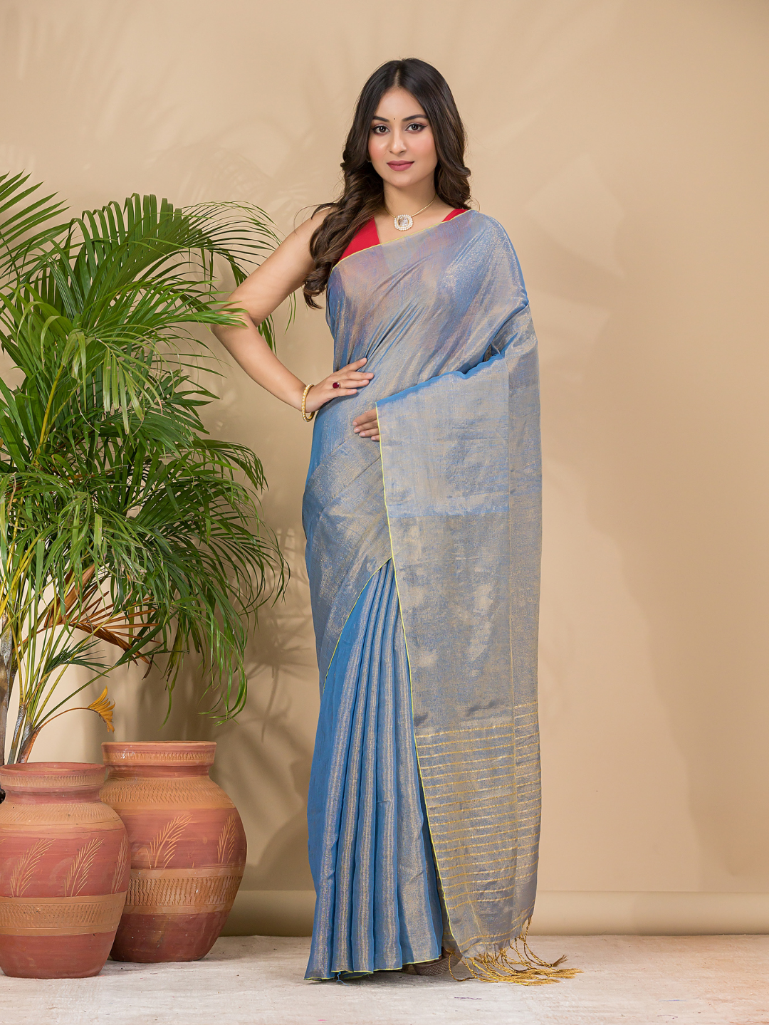 Tissue Linen Handloom Saree With Pigeon Blue - 020