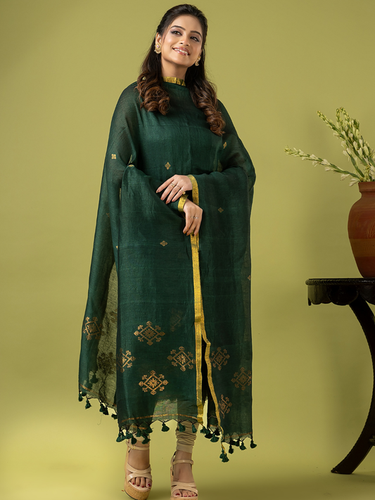 Handwoven Jamdani Linen Unstitched 2-piece Kurti | Bottle Green