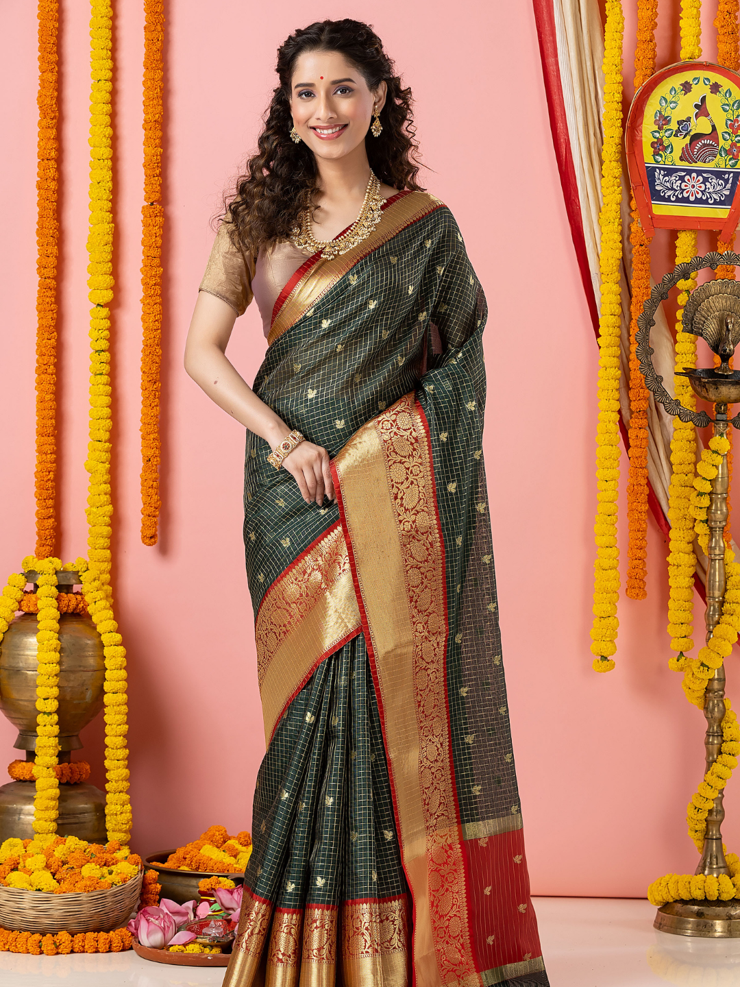 Classic Benarasi Katan Semi Silk Saree | Charcoal Green