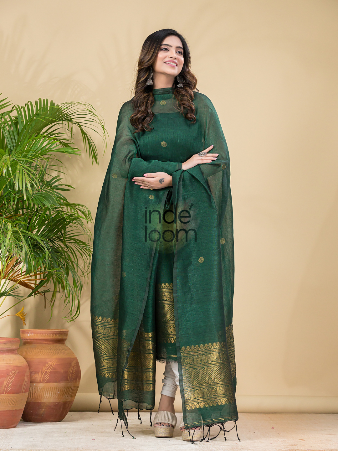 Dark Green Muslin Linen 2-Piece Set Kurti & Dupatta (UNSTITCHED) - 864