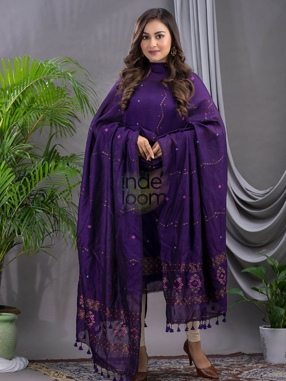 Royal Purple 120 Count Cotton Jamdani 2-Piece Set Kurti & Dupatta (UNSTITCHED) - 142