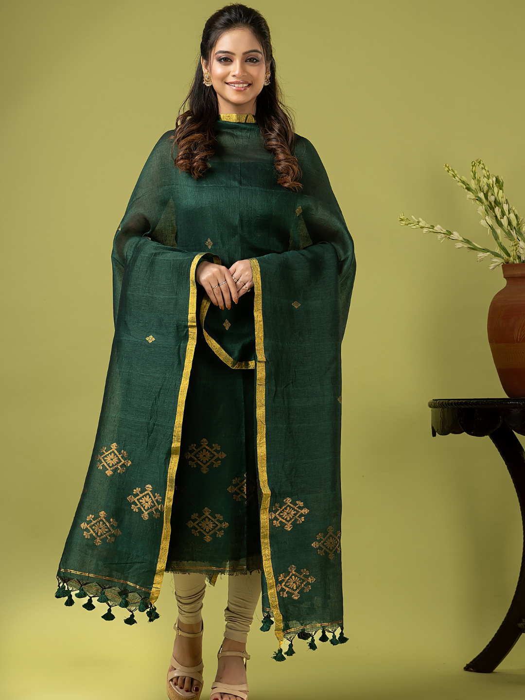 Handwoven Jamdani Linen Unstitched 2-piece Kurti | Bottle Green