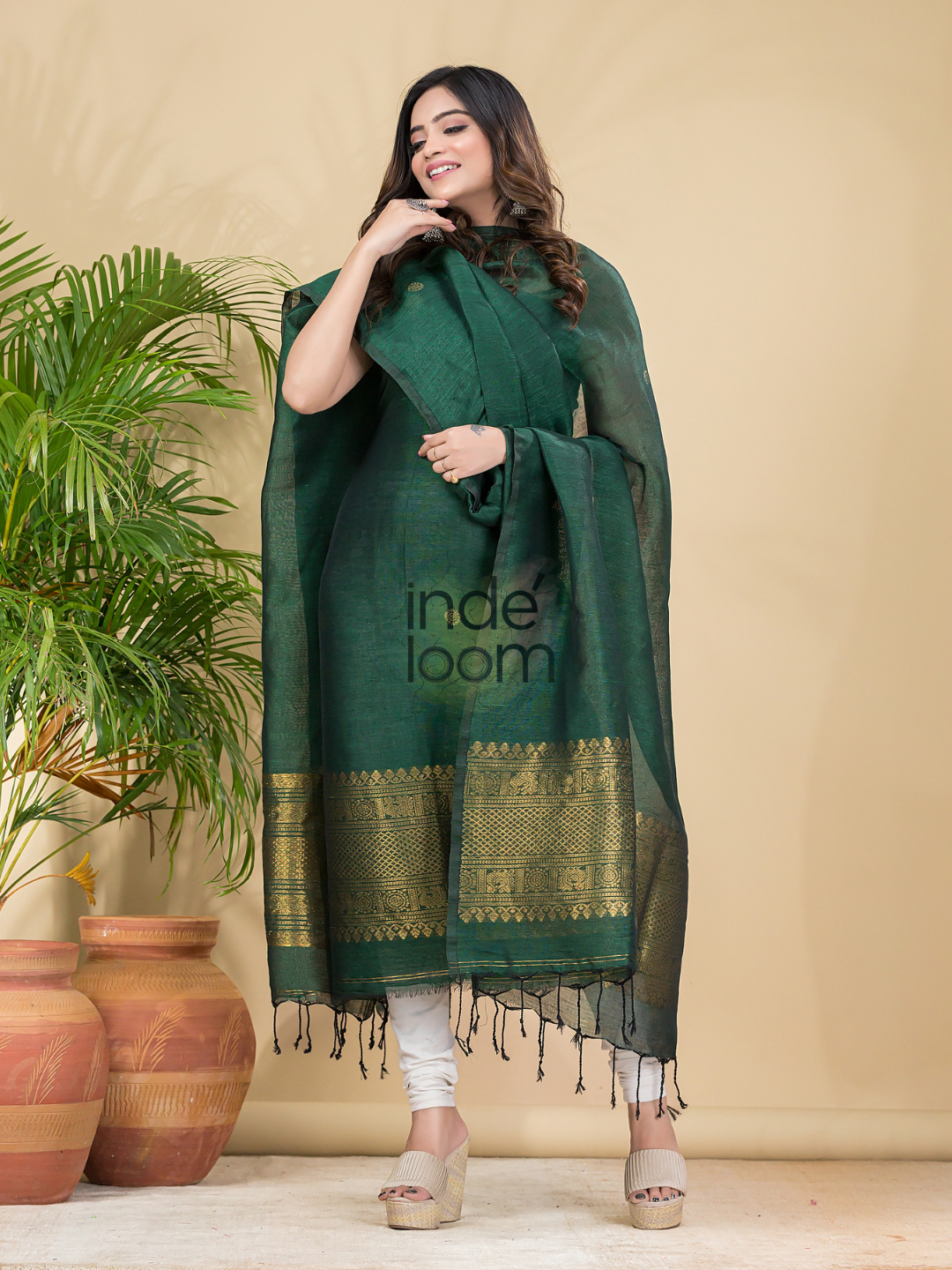 Dark Green Muslin Linen 2-Piece Set Kurti & Dupatta (UNSTITCHED) - 864